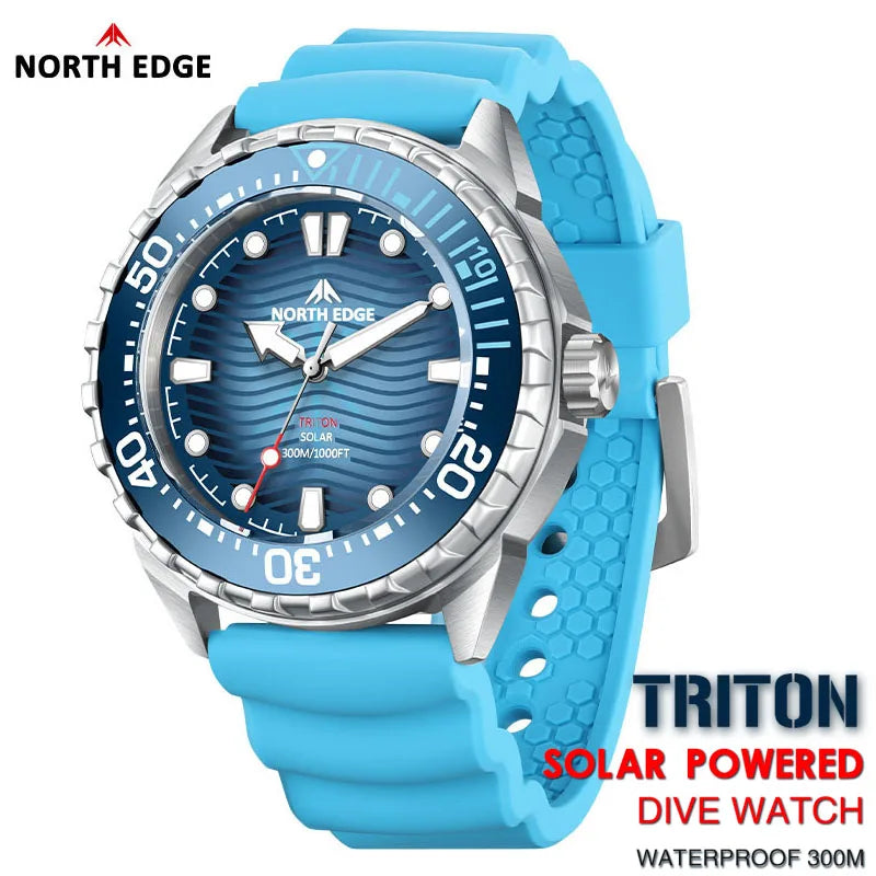 Men's Solar Powered Dive Watch 300M Waterproof Quartz with Stainless Steel Case