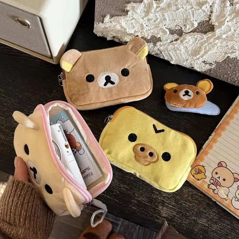 Cute Rilakkuma Coin Purse and Makeup Organizer Bag - Kawaii Plush Storage for Girls