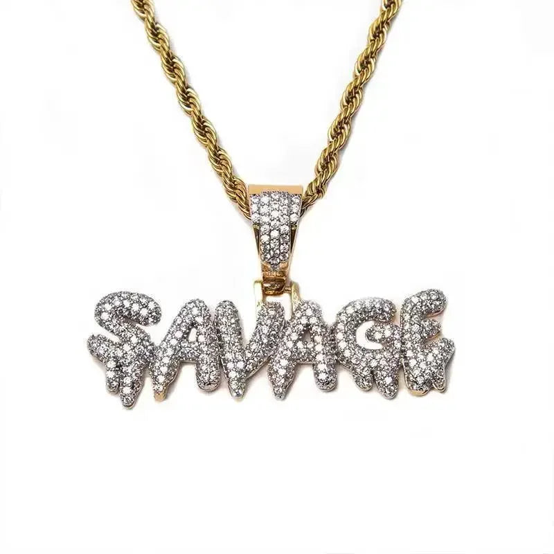 Iced Out Bling Letter SAVAGE Pendant Necklace for Men Hip Hop Rap Jewelry