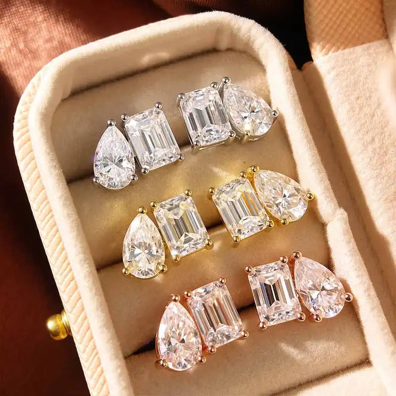Sterling Silver Moissanite Stud Earrings for Women - Pear & Emerald Cut Jewelry