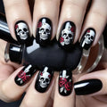 24Pcs Halloween Black Red Rose Square Press-On Nails with Skull Design - Reusable Fake Nails