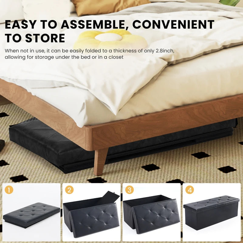 Folding Storage Ottoman Footstool - Leather Upholstered Bench Supports 660 lbs