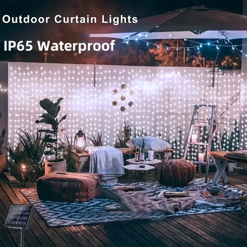 Outdoor String Lights Solar Curtain String Lights for Wedding Garden Bedroom Indoor Wall Decoration