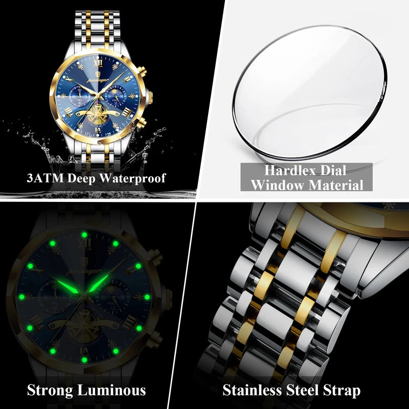 Luxury Waterproof Men’s Chronograph Watch with Luminous Dial - Stainless Steel Quartz Business Wristwatch