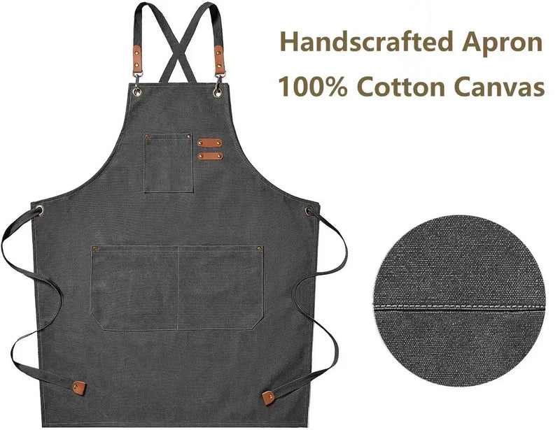 Professional Canvas Kitchen Apron with Adjustable Cross-Back & Large Pockets - Durable Food Service Uniform