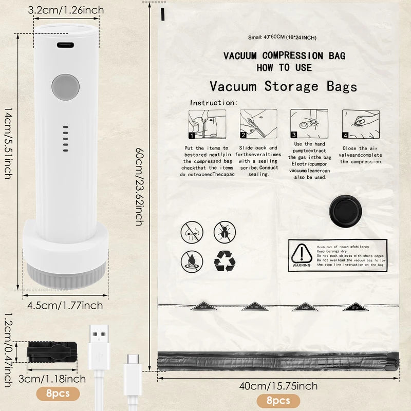 8Pcs Vacuum Storage Bags with USB Electric Pump - Rapid Compression & Leakproof Lock