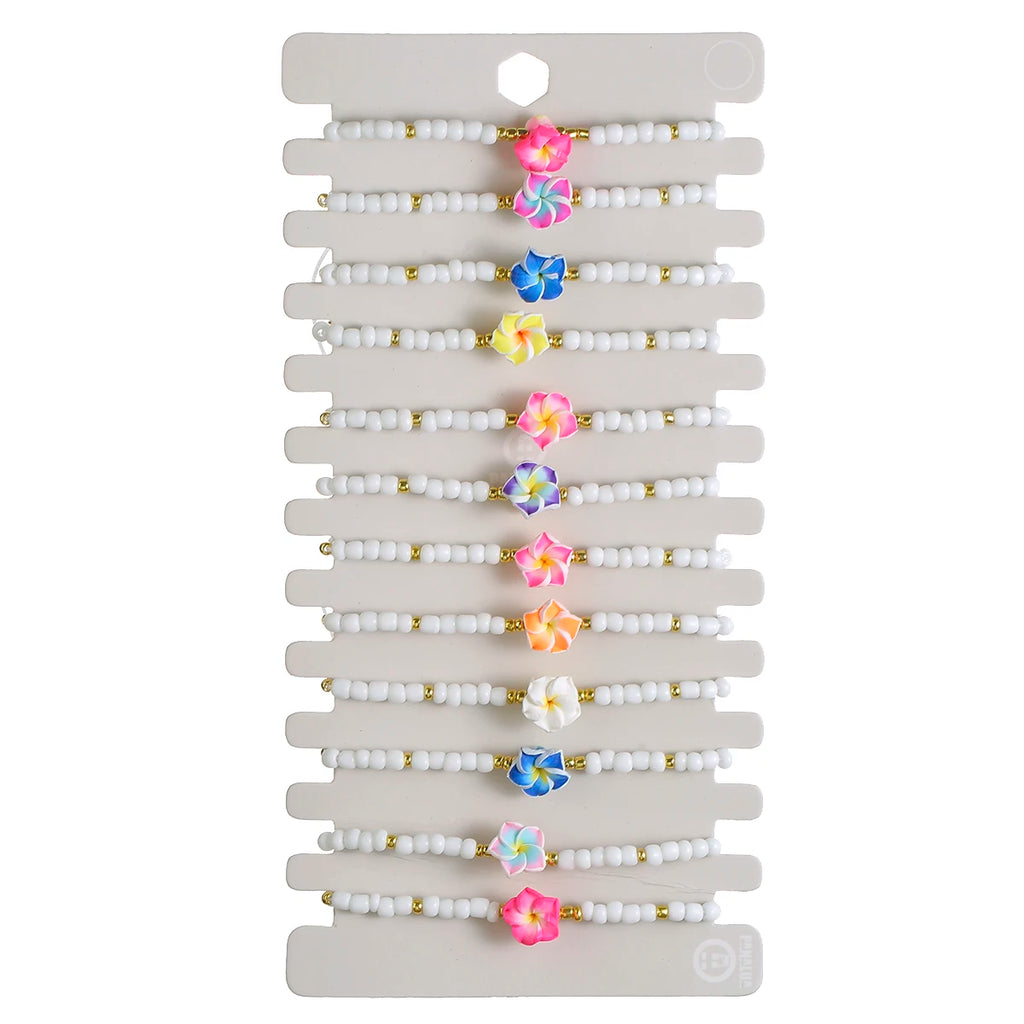 Colorful Clay Frangipani Charm Bracelet Set for Women - Adjustable Rope Jewelry Gift 12 pcs