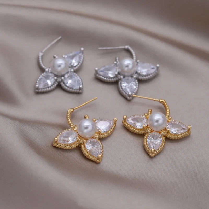 Elegant Water Drop Zircon & Pearl Earrings - Gold Plated Jewelry for Women