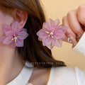 Pink Translucent Flower Petal Stud Earrings for Women - Summer Jewelry Accessories