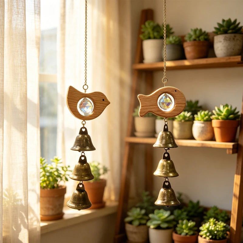 Beech Wood Crystal Wind Chime with Copper Bell - Garden Patio Wall Decor