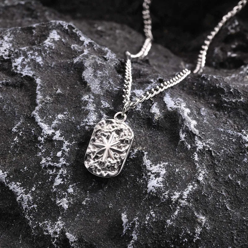 Men's Dog Tag Necklace with Star Pendant - Silver Hammered Stainless Steel