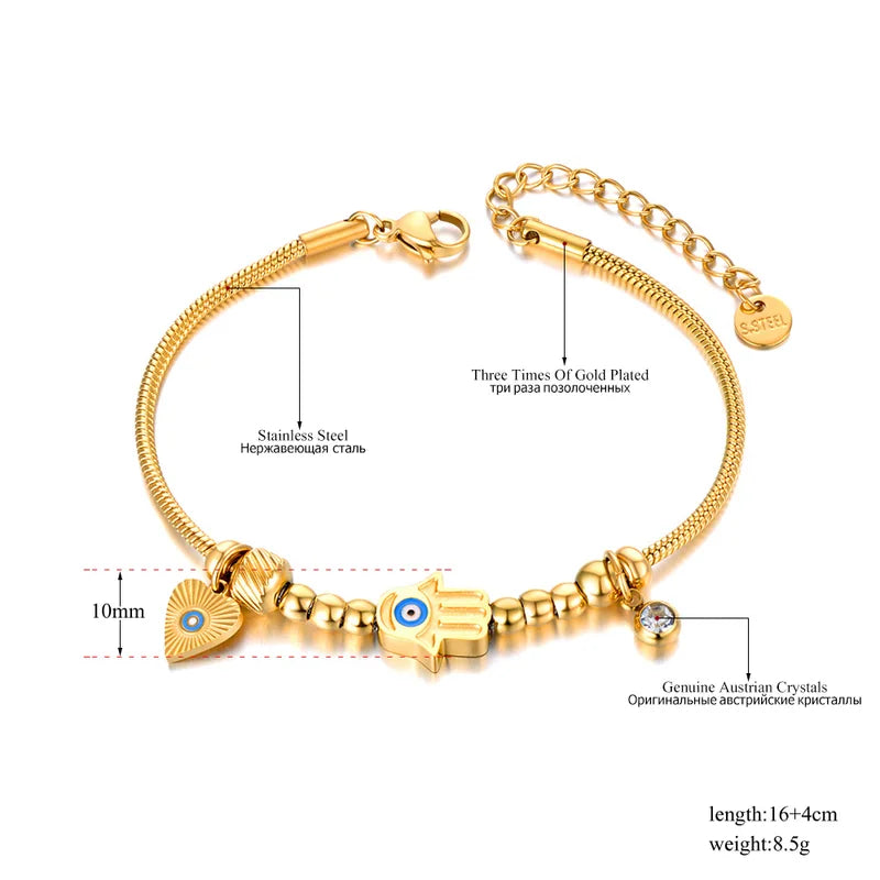Stainless Steel Fatima Hand Blue Eye Charm Fashion Bracelet for Women