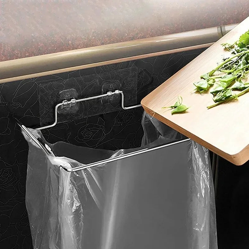 Stainless Steel Kitchen Trash Can Bracket with Hook for Cabinet Door Storage