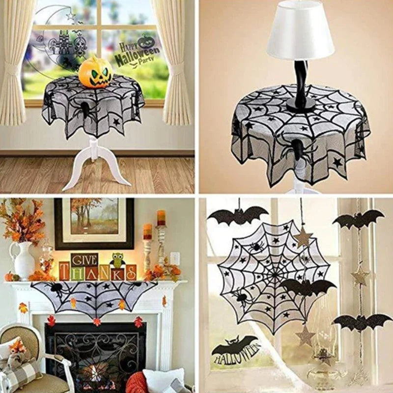 Halloween Spider Web Lace Tablecloth for Party Decorations - Black & Deep Sapphire Variants