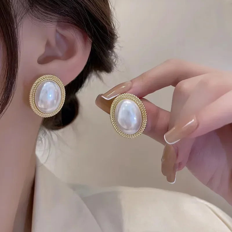 Delicate Baroque Imitation Pearl Oval Stud Earrings for Women - Korean Style Jewelry