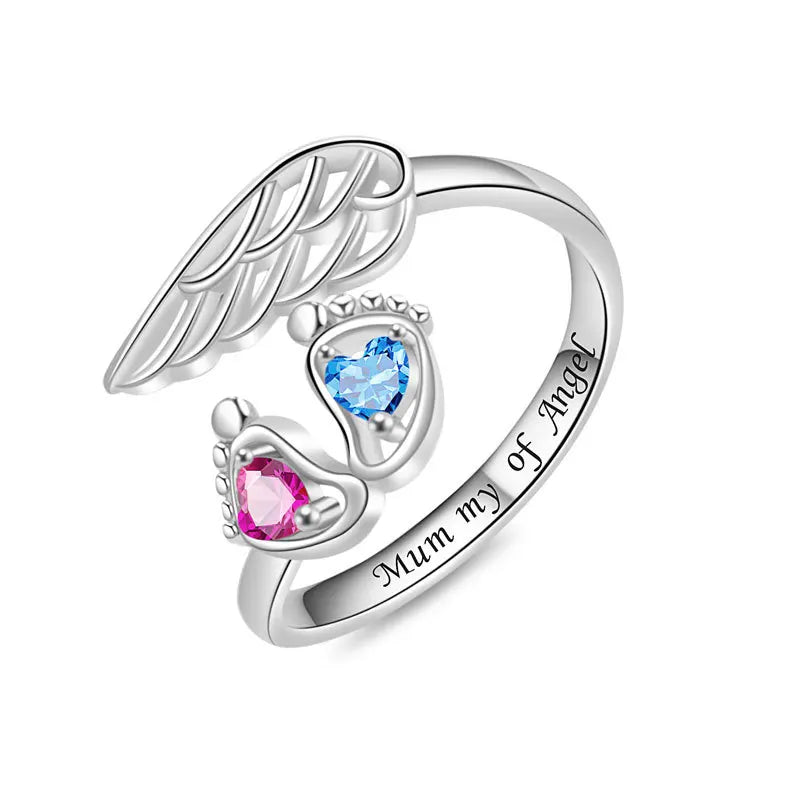 Sterling Silver Angel Wing Footprints Finger Ring for Women and Girls