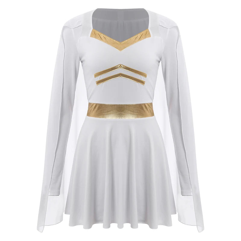 Women’s Halloween Cosplay Costume Dress with Chiffon Cape & Metallic Trim