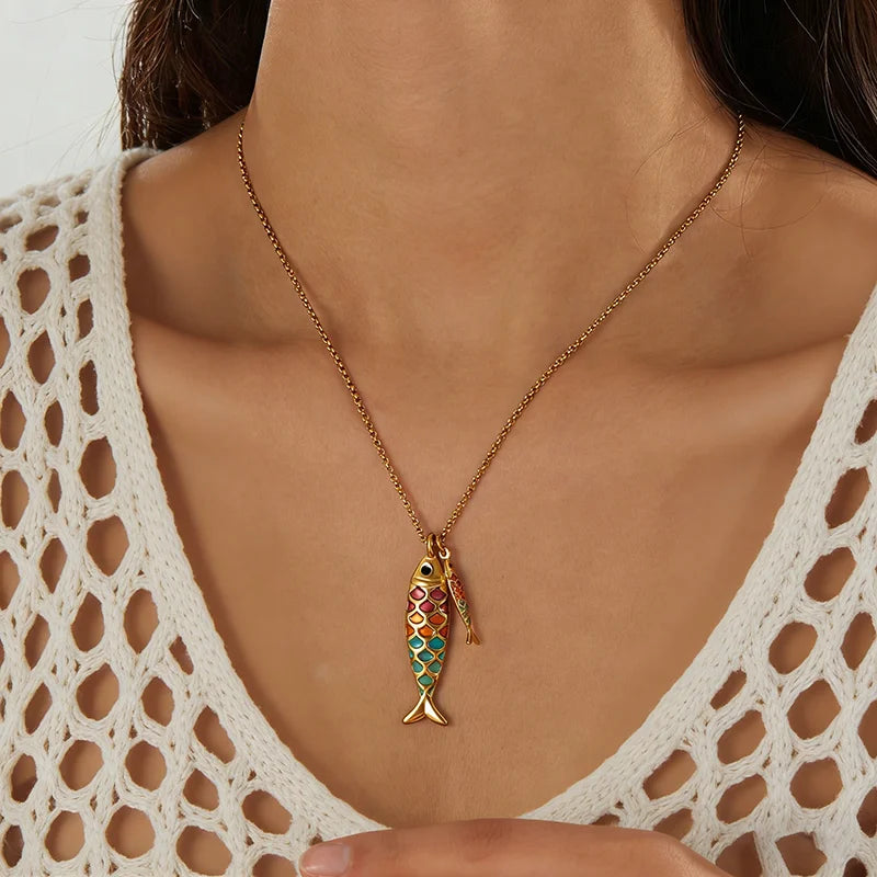 Colorful Fish Pendant Necklace - Stainless Steel Chain Jewelry Gift