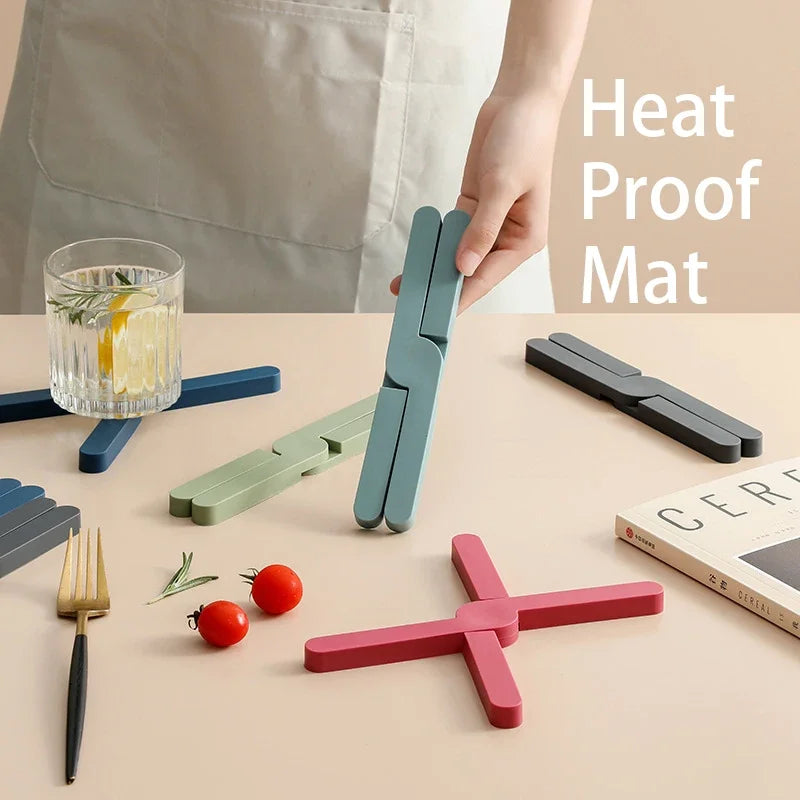 Silicone Heat Resistant Pot & Pan Mat with Cross Holder, Foldable Non-Slip Kitchen Pad