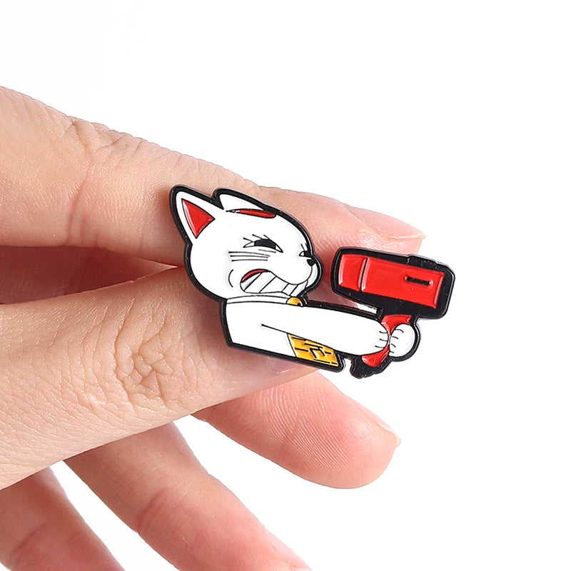 Anime Cat Enamel Pin with Hair Dryer & Lucky Middle Finger Brooch - Gift Jewelry