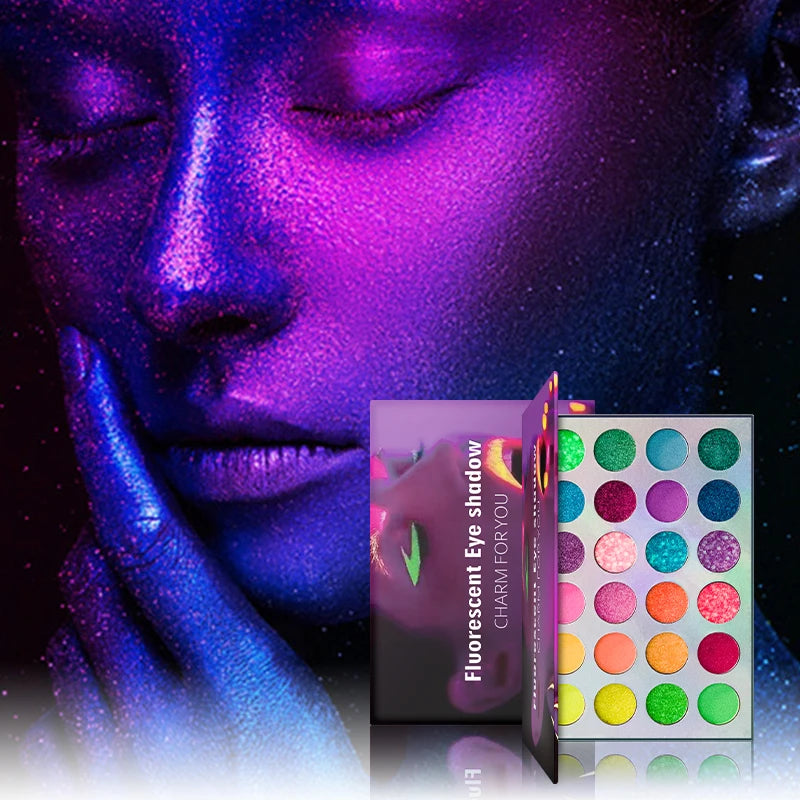 24-Color Neon Rainbow Eyeshadow Palette UV Fluorescent Matte Glitter Waterproof