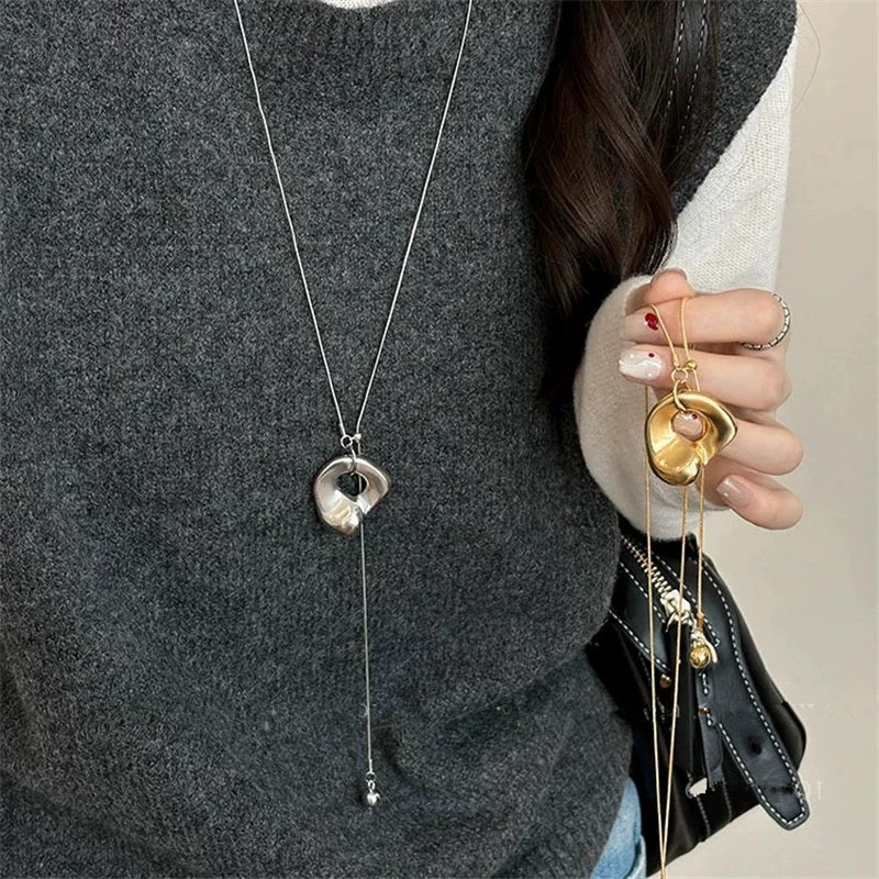 Trendy Irregular Metal Pendant Necklace for Women and Couples with Adjustable Snake Chain and Leather