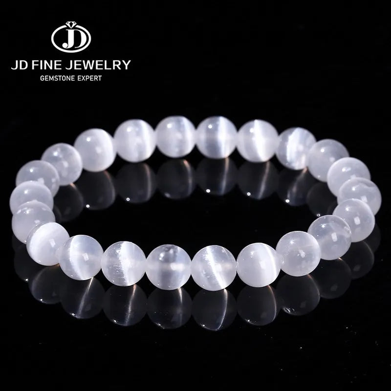 White Selenite Stone Bead Bracelet for Women Men Natural Gypsum Jewelry - Stretch Bangles