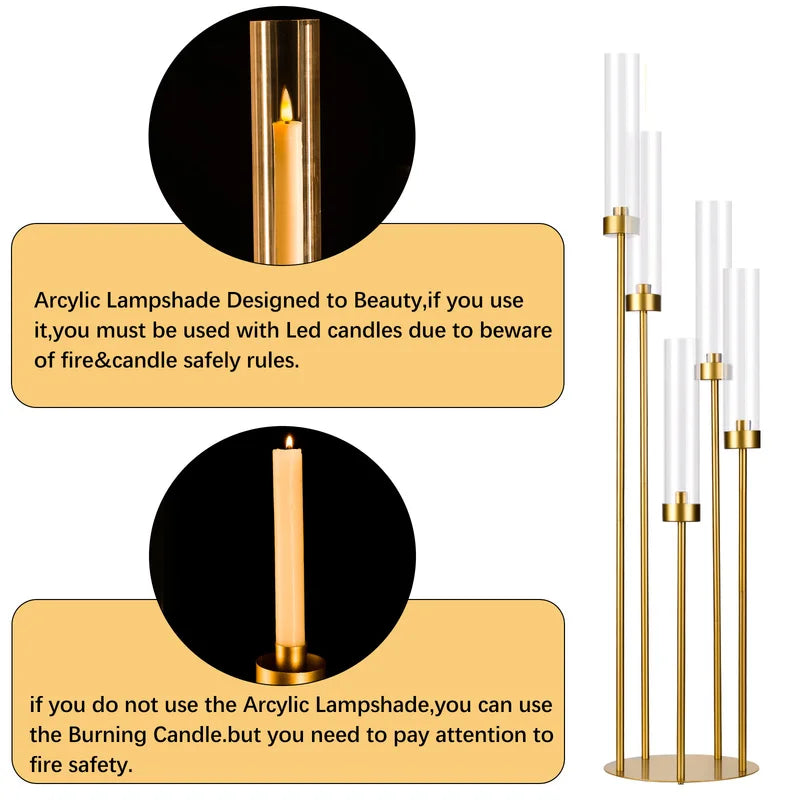 Gold 5-Arm Floor Candle Holders Set with Acrylic Shades for Weddings & Events