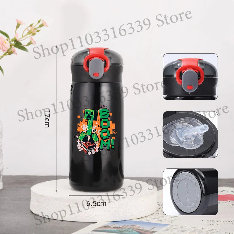 460ml Insulated Stainless Steel Water Bottle - Game Theme Travel Cup with Straw