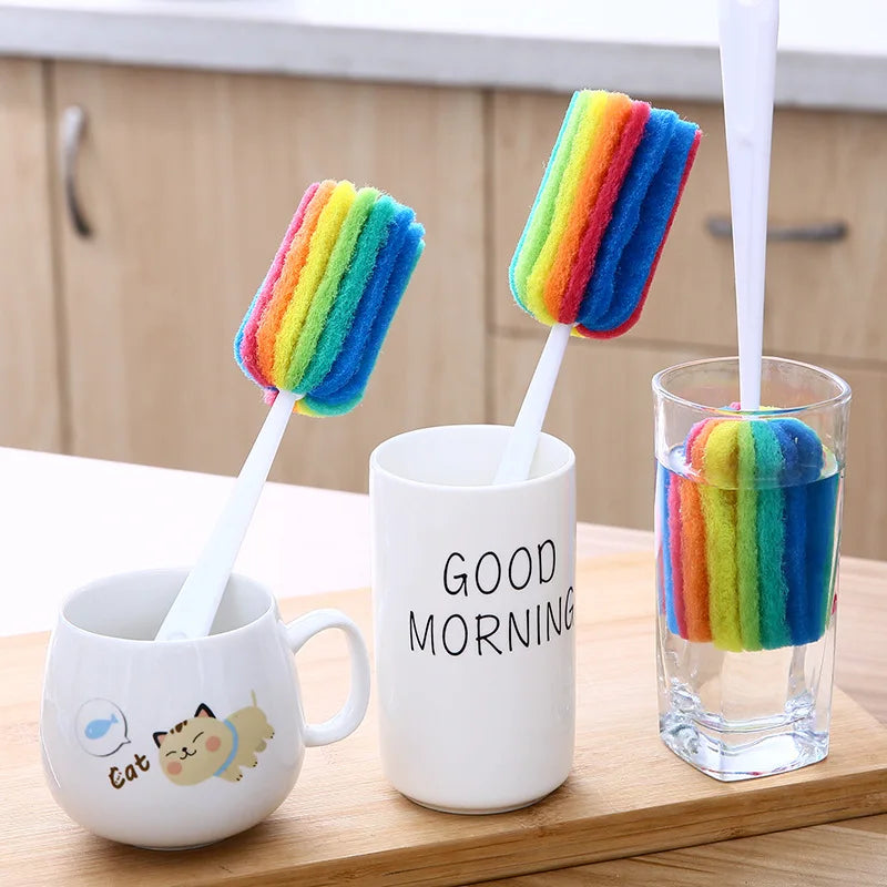 Rainbow Sponge Bottle Brush with Long Handle - Reusable Glass & Mug Cleaning Tool