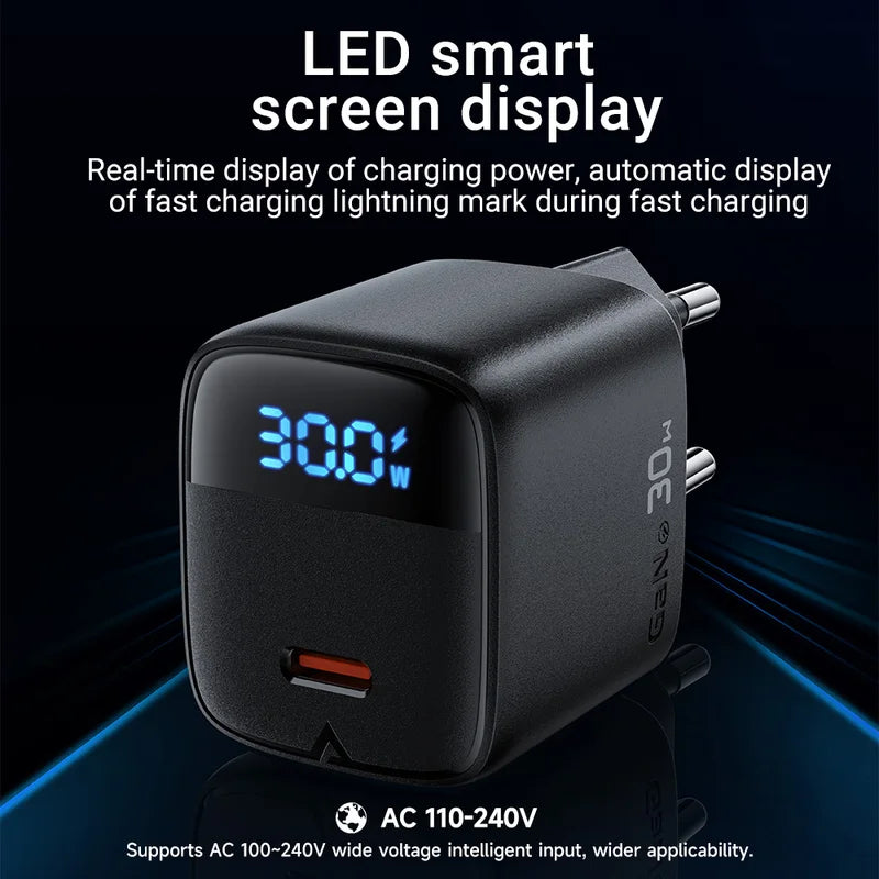 USB C GaN Fast Charger 30W with Digital Display for iPhone & Samsung