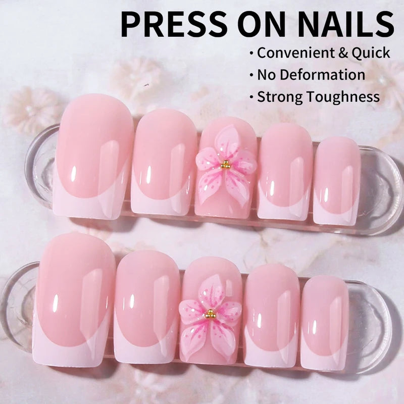 24PCS Short Square 3D Gel Flower French Pressing Nails Set - Easy to Wear & Remove