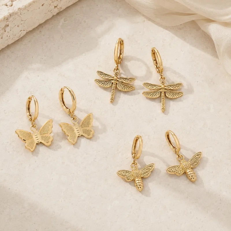 Stainless Steel Animal Dangle Earrings for Women - Gold Plated Butterfly & Dragonfly Jewelry