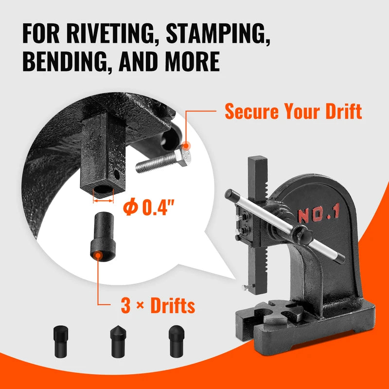 1 Ton Manual Arbor Press Cast Iron Heavy-Duty Hand Press for Metal and Leather Stamping