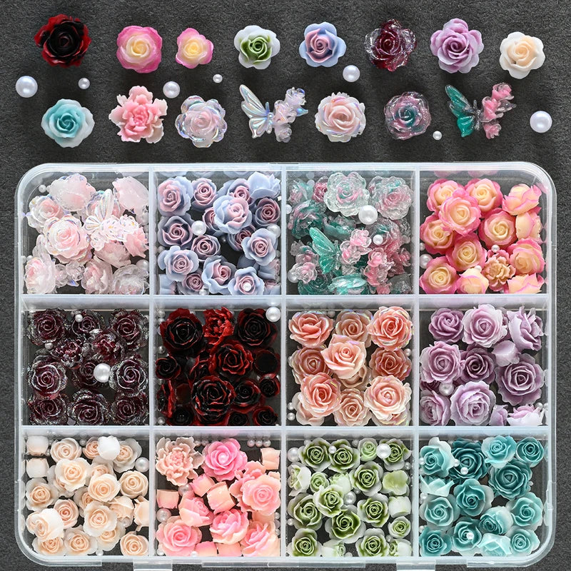 12-Grid 3D Floral Butterfly Pearl Nail Art Charms for DIY Manicure Decorations