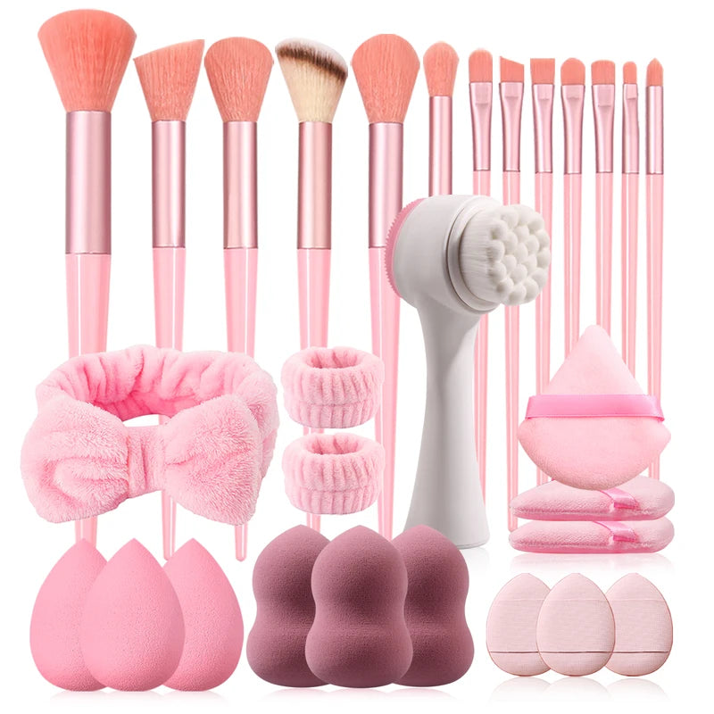 Makeup Brush and Sponge Set with Face Wash Brush and Headband - 29 Pcs