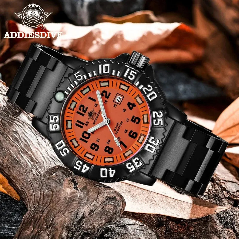 Men's Military Style Waterproof Sports Watch with Luminous Dial and Steel Strap