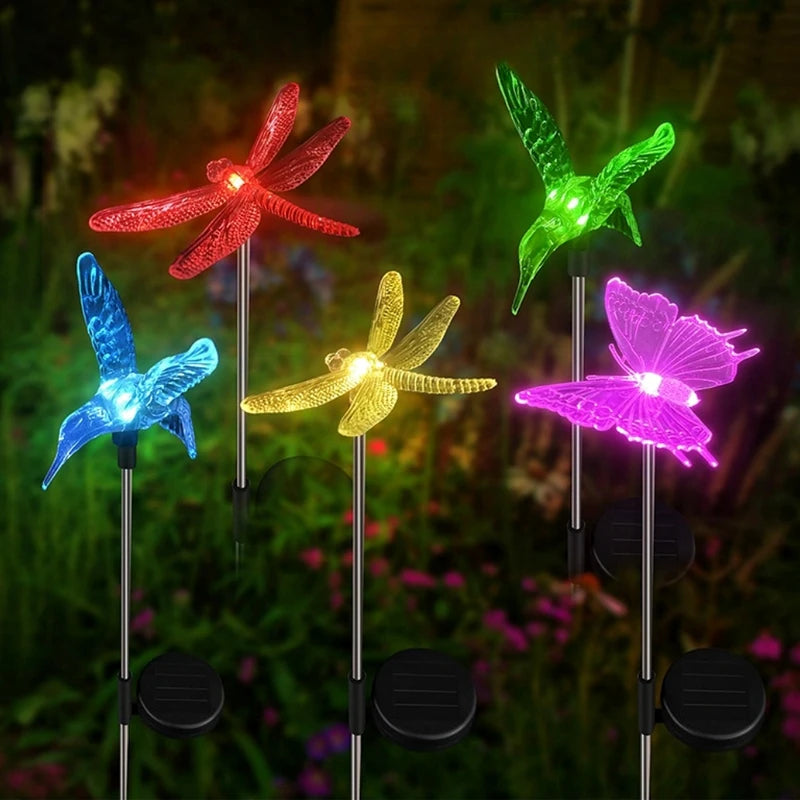 Solar Garden Stake Lights 3 Pack - Butterfly, Hummingbird & Dragonfly Outdoor Decor