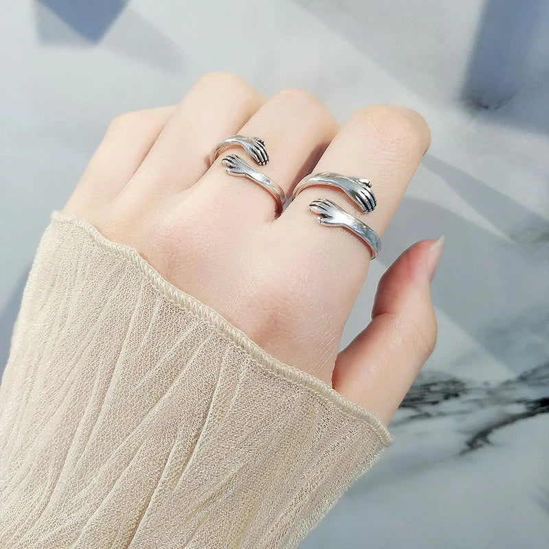 Vintage Silver Love Hugging Hands Couple Ring Adjustable Open Cuff Jewelry