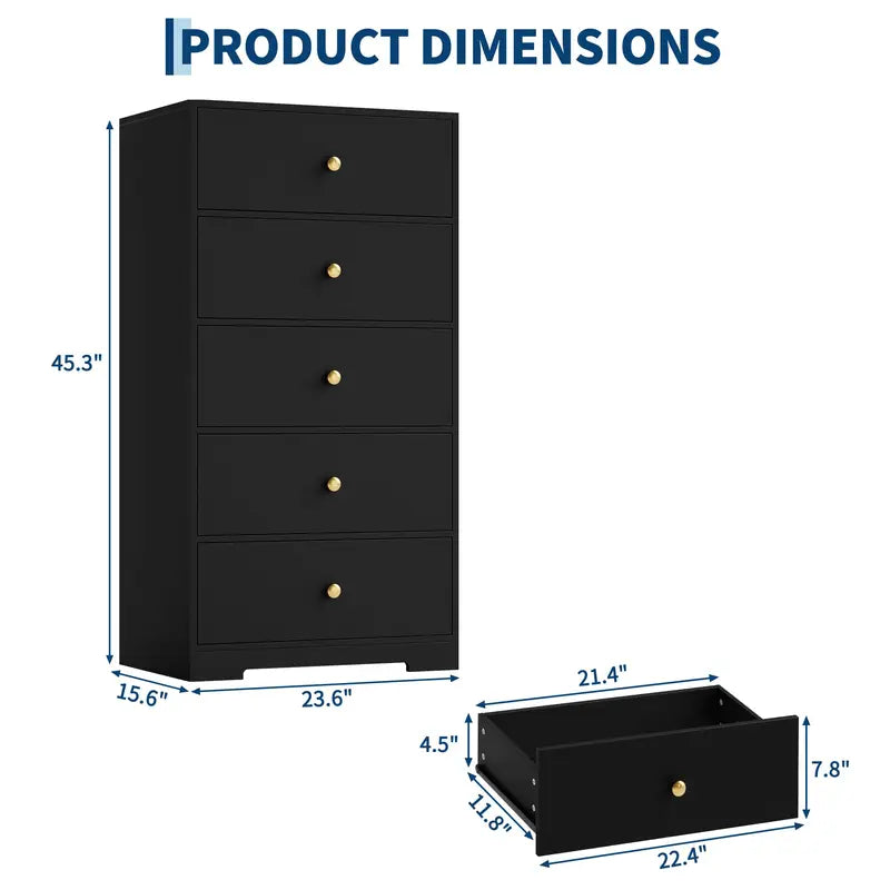 5-Drawer Tall Storage Cabinet for Living Room & Bedroom with Gold Handles