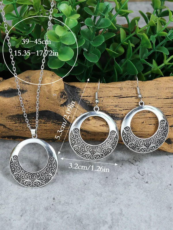 Vintage Ethnic Silver Pendant Earrings Necklace Set for Women - Carved Jewelry