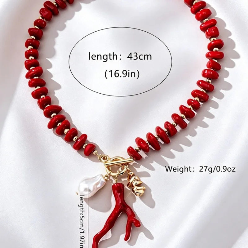 Boho Resin Coral Beaded Necklace for Women with Imitation Pearl Pendant - Toggle Clasp Choker Jewelry