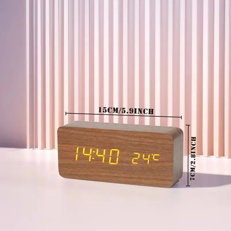 Wooden Digital Alarm Clock with Temperature Display - LED Table Clock for Bedroom & Office
