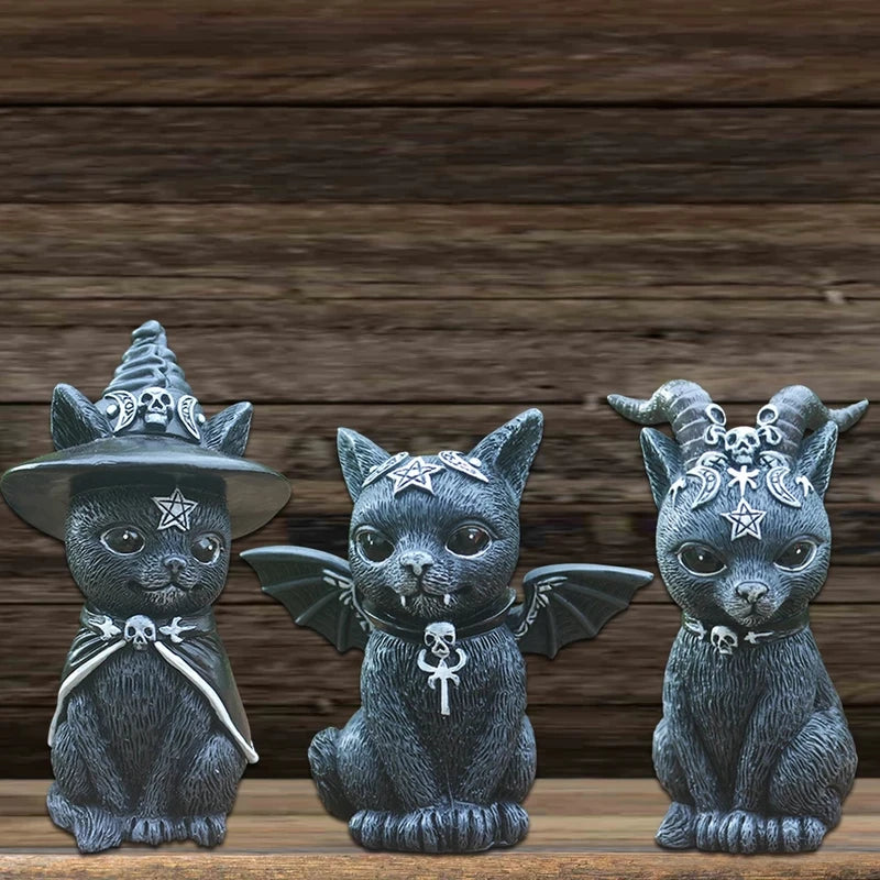 Halloween Garden Witch Cat Sculpture - Gothic Miniature Wizard Ornament