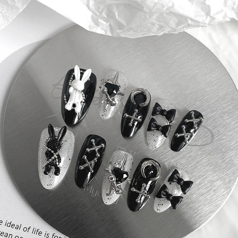 10pcs Handmade Almond Shaped Fake Nails with Halloween Bunny Design – Multiple Colors