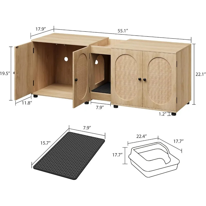 Large Multi-Cat Hidden Litter Box Enclosure with Rattan Doors & Storage