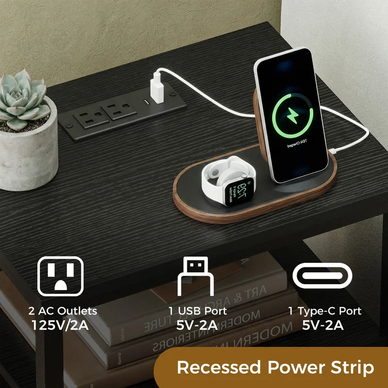 Fabric Drawers Nightstand with USB Charging Station - Bedside Storage End Table