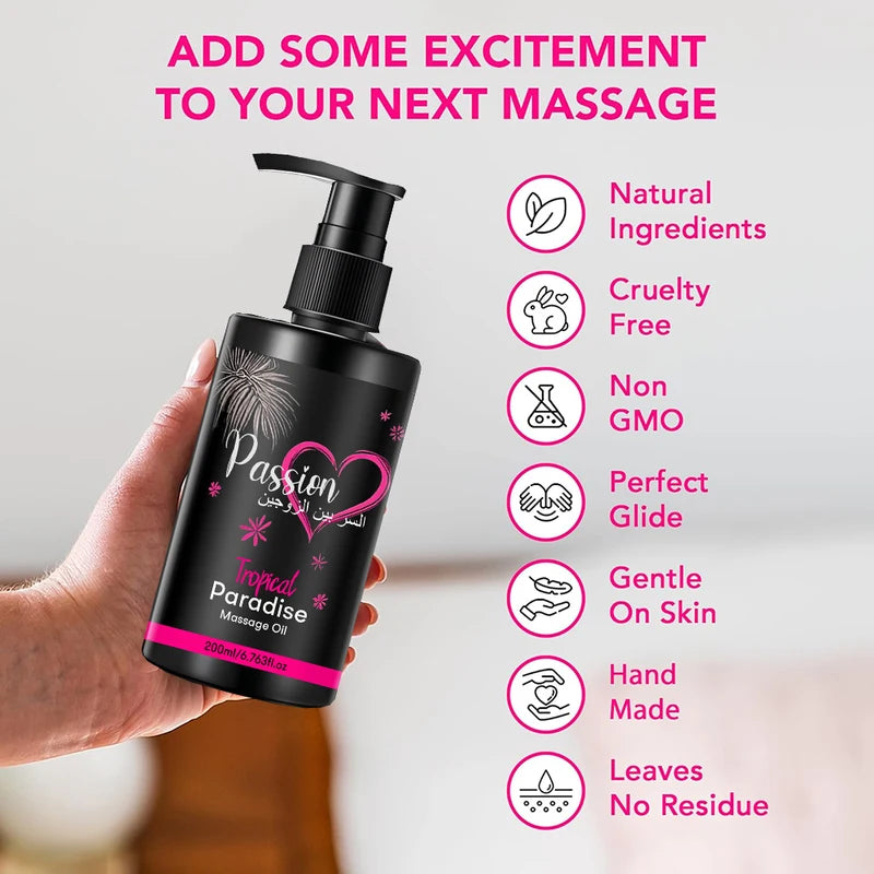 Natural Body Massage Oil for Couples - Tropical Passion Scent, 6.76 oz, Skin Moisturizer & Relaxation
