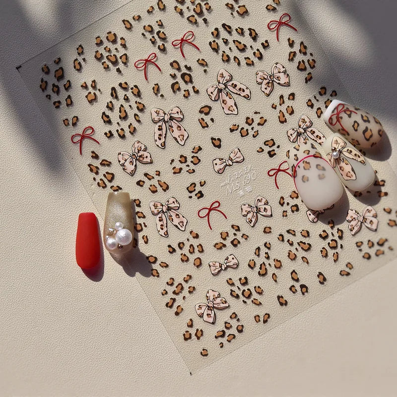 Autumn Winter Leopard Print Bow Nail Art Stickers - 3D Self-Adhesive Decals for Nails DIY