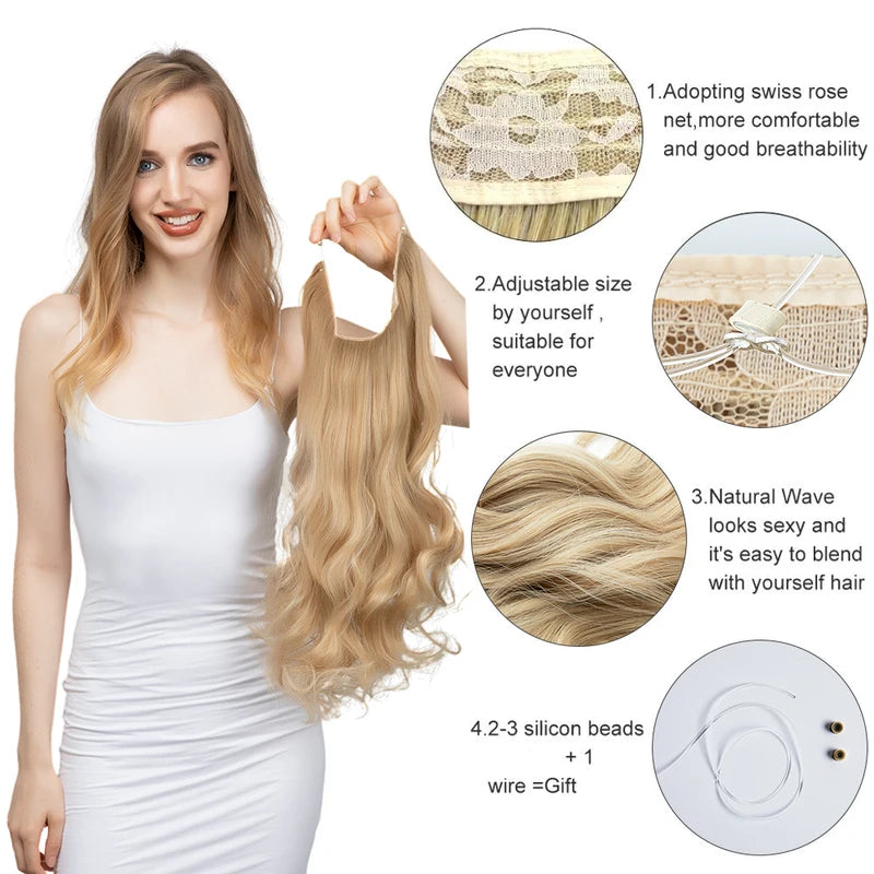 Synthetic Hair Extensions No Clips for Natural Hair - Ombre, Long Wave, Invisible Wire